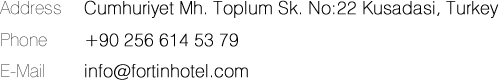 Fortin Hotel Kusadasi, Turkey - Contact Details: Address: Cumhuriyet Mh. Toplum Sk. No:22 Kusadasi,Turkey - Phone: +90 256 614 53 79 - E-Mail
